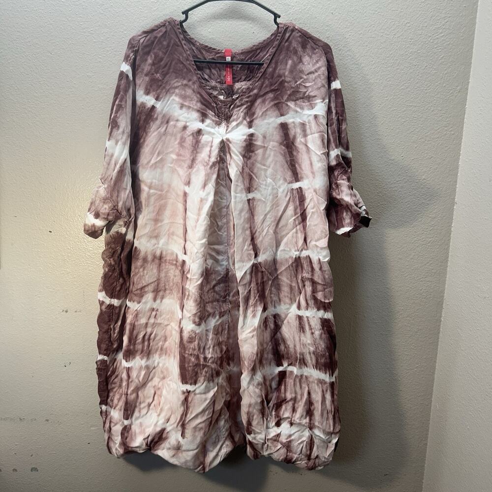 IC‎ Collection Dusty Pink Kaftan Dress Bubble Hem Sz M Tie Dye Tunic Lagenlook